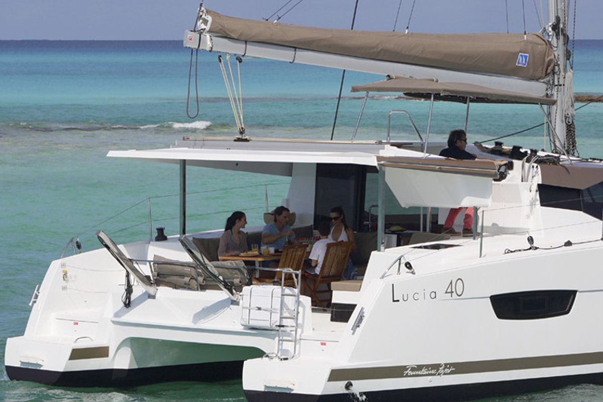 Exterior view of Summer Sun, a Fountaine Pajot Lucia 40 catamaran at Portimão, Portugal