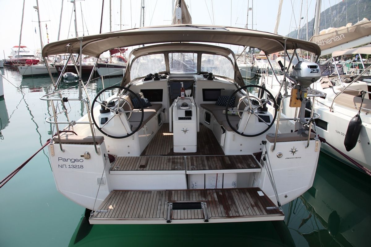 Cockpit of Pangeo, a Jeanneau Sun Odyssey 410 sailboat at Benitses, Greece