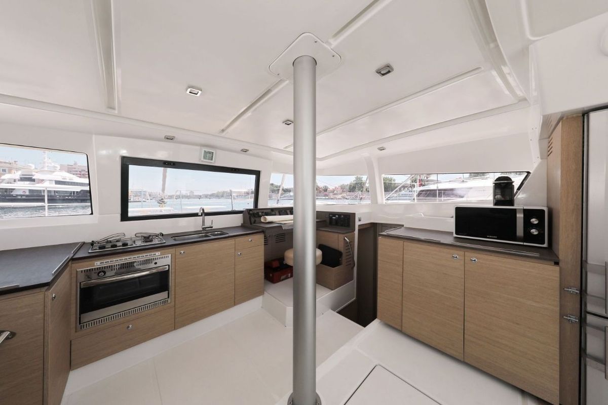 Galley of So Far So Good, a Bali 4.0 catamaran at Zadar, Croatia