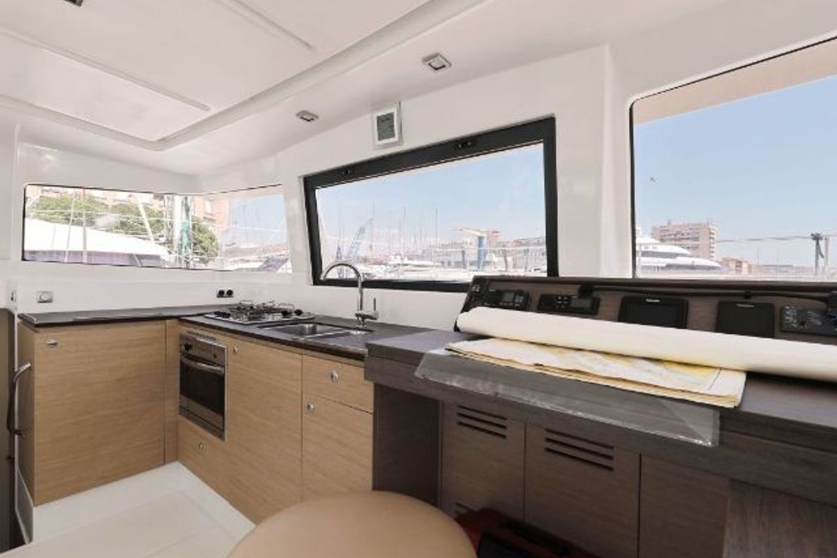 Galley of So Far So Good, a Bali 4.0 catamaran at Zadar, Croatia