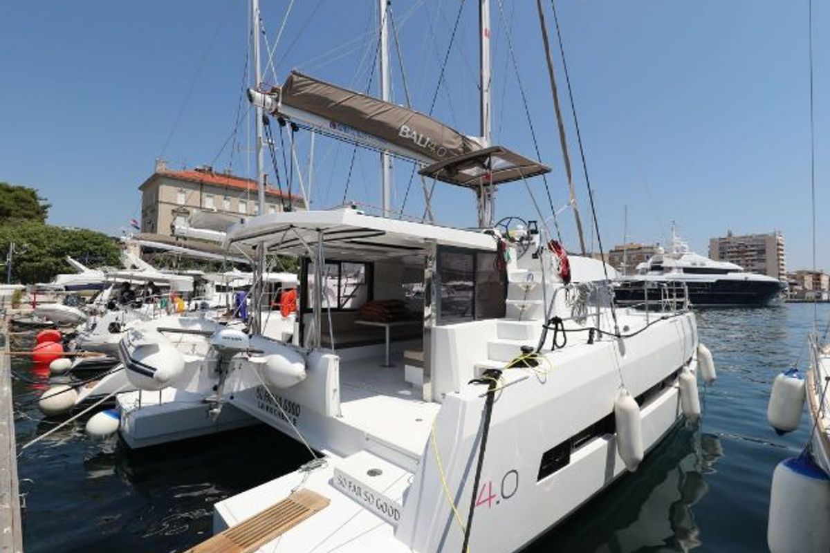 Exterior view of So Far So Good, a Bali 4.0 catamaran at Zadar, Croatia