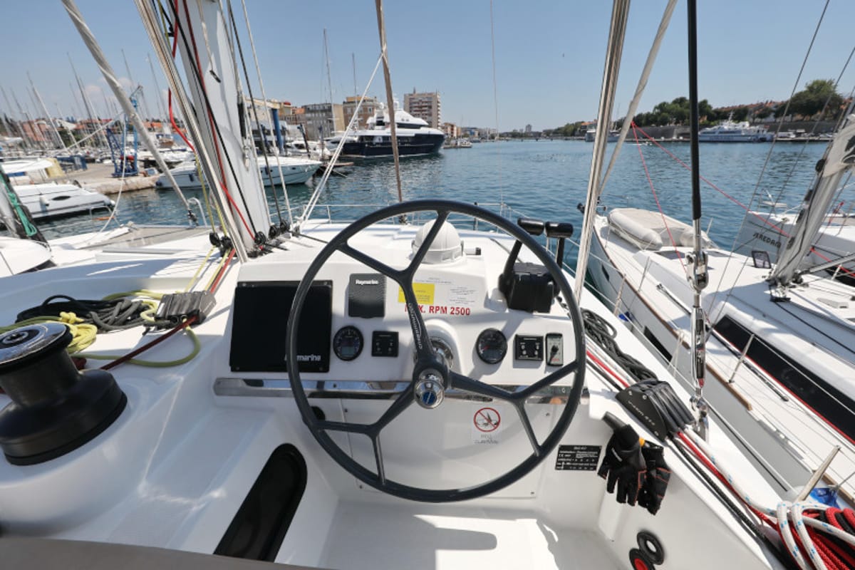 Cockpit of So Far So Good, a Bali 4.0 catamaran at Zadar, Croatia