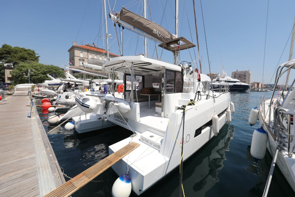 Exterior view of So Far So Good, a Bali 4.0 catamaran at Zadar, Croatia