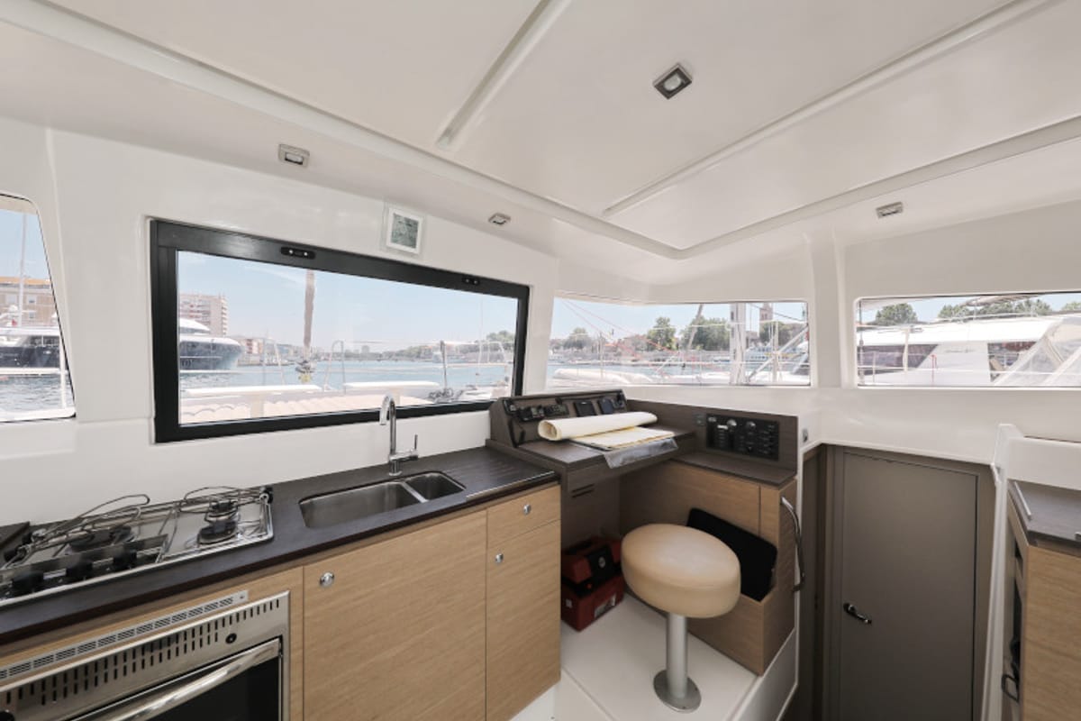 Galley of So Far So Good, a Bali 4.0 catamaran at Zadar, Croatia