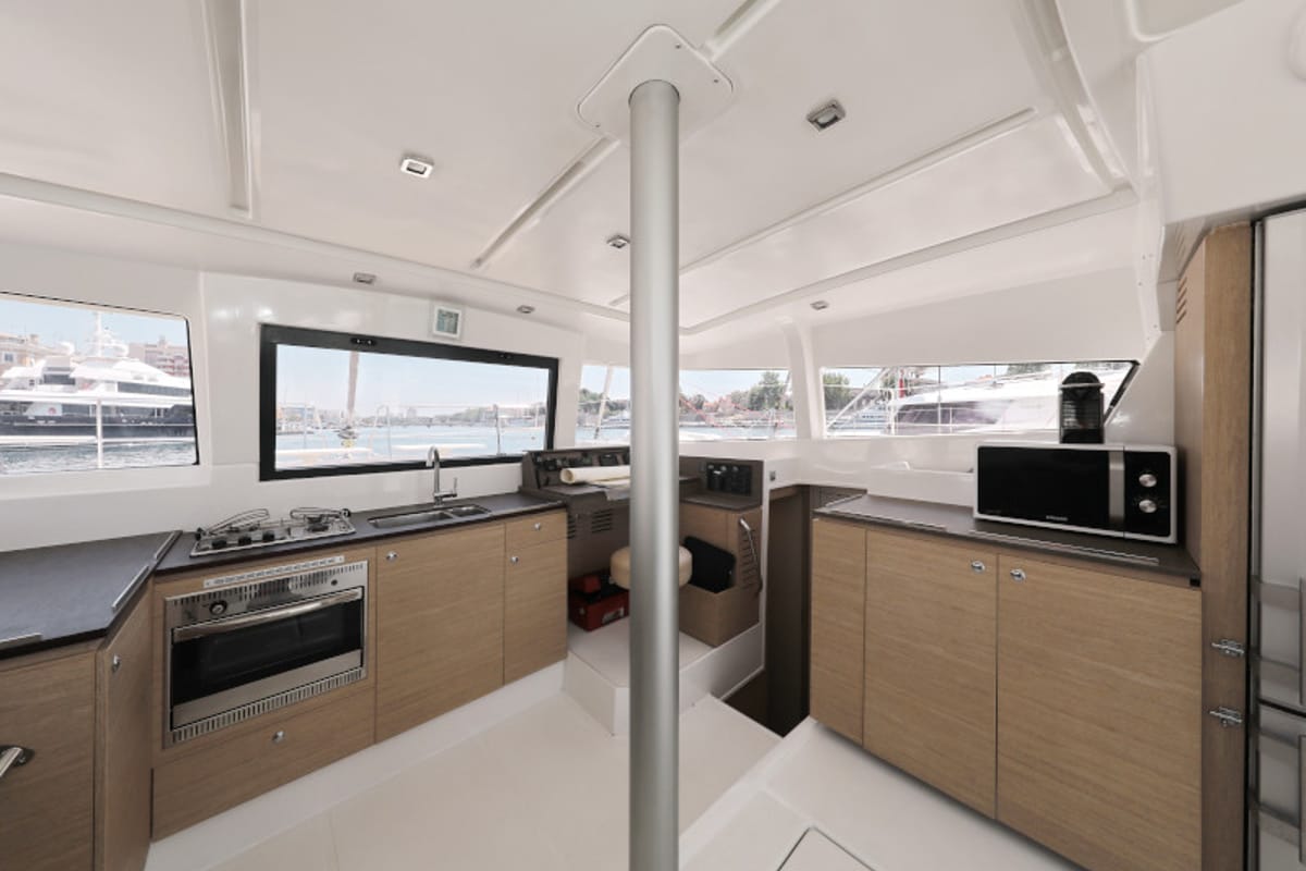 Galley of So Far So Good, a Bali 4.0 catamaran at Zadar, Croatia