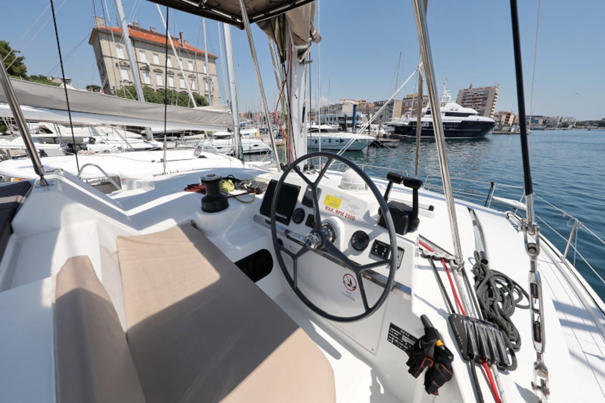 Cockpit of So Far So Good, a Bali 4.0 catamaran at Zadar, Croatia