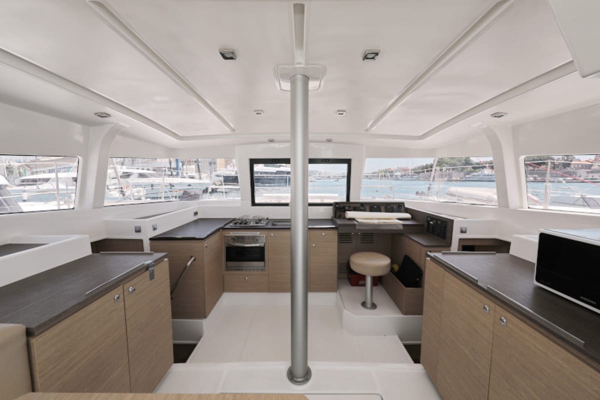 Galley of So Far So Good, a Bali 4.0 catamaran at Zadar, Croatia