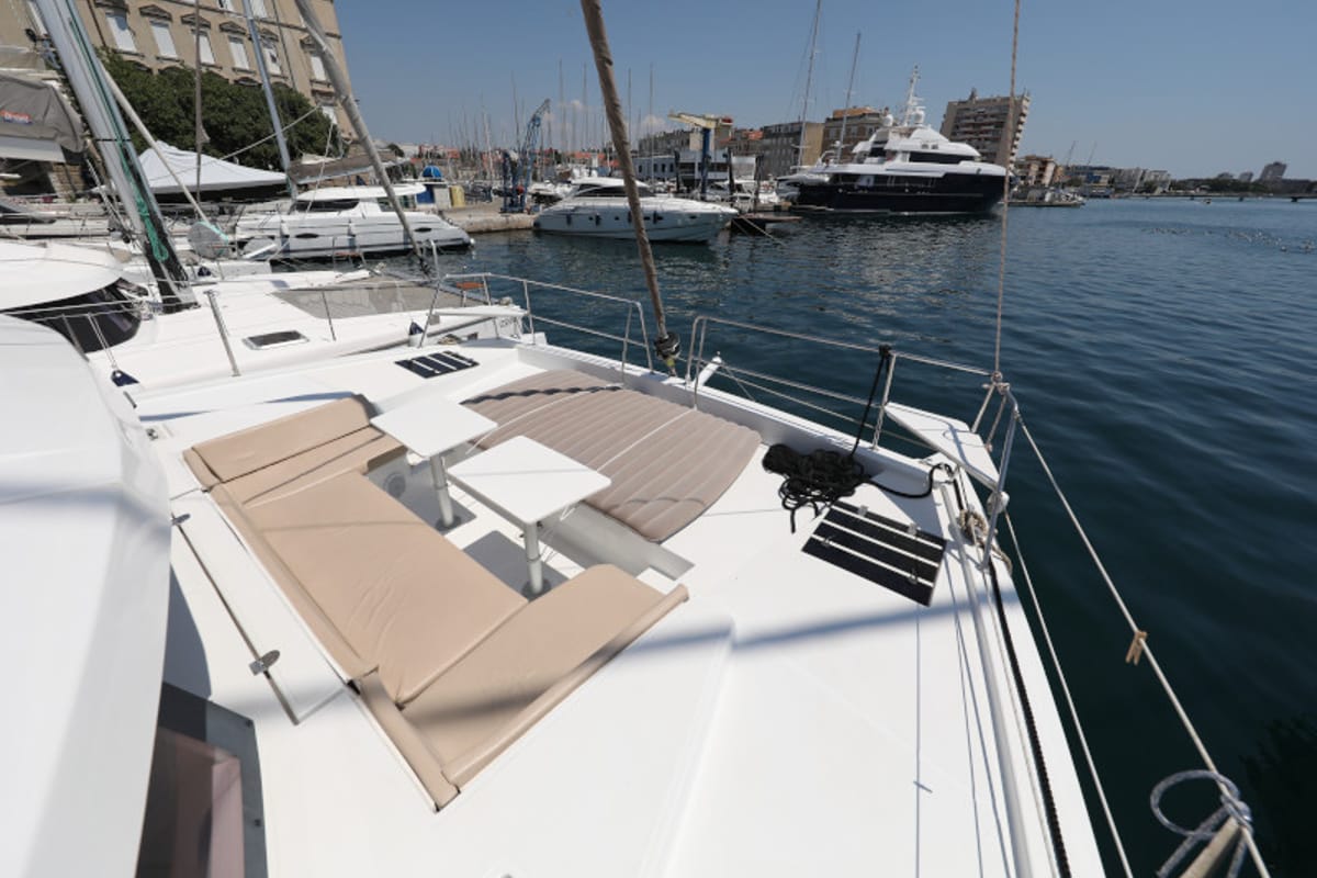 Deck of So Far So Good, a Bali 4.0 catamaran at Zadar, Croatia