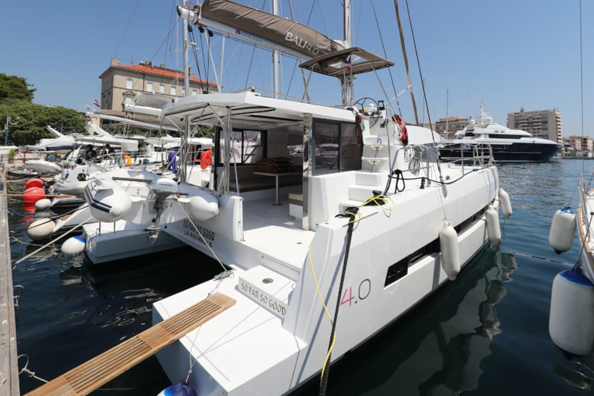 Exterior view of So Far So Good, a Bali 4.0 catamaran at Zadar, Croatia