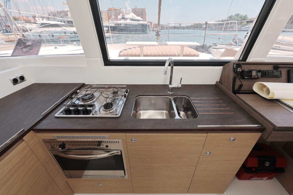 Galley of So Far So Good, a Bali 4.0 catamaran at Zadar, Croatia