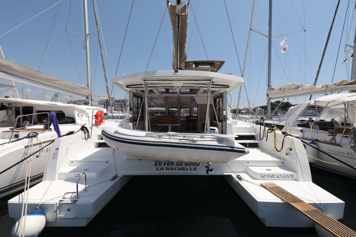 Exterior view of So Far So Good, a Bali 4.0 catamaran at Zadar, Croatia