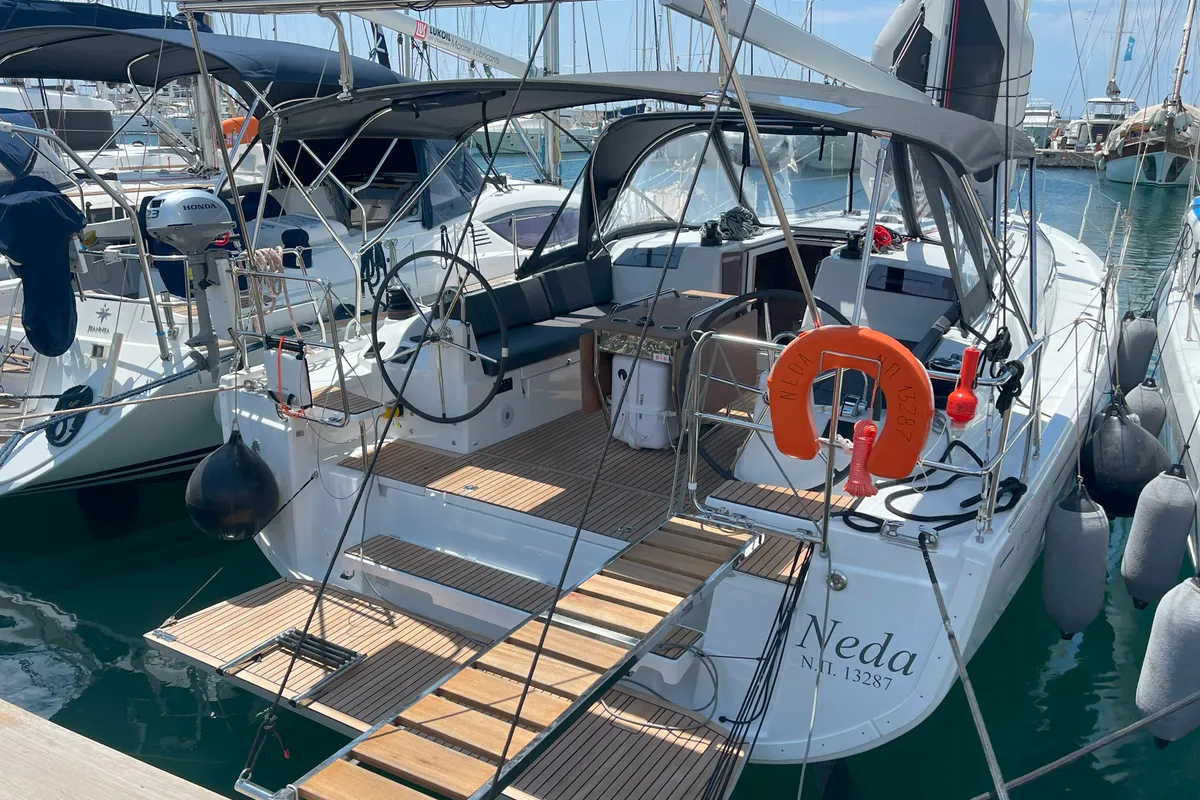 Exterior view of Neda, a Beneteau Oceanis 40.1 sailboat at Athens, Greece