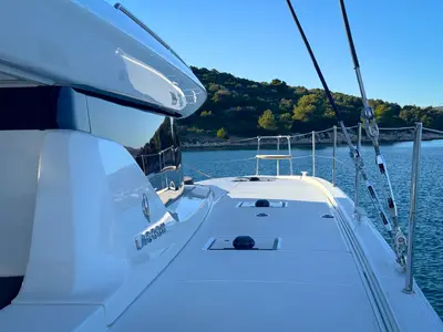 Cockpit of Dona, a Lagoon 43 catamaran at Seget Donji, Croatia