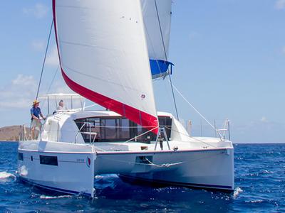 Cockpit of Sunsail 404 Classic, a Leopard 40 catamaran at Tonnarella, Italy