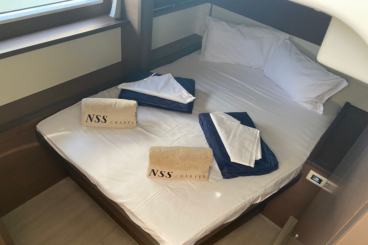 Cabin on Orsa Maggiore, a Lagoon 52F catamaran at Olbia, Italy