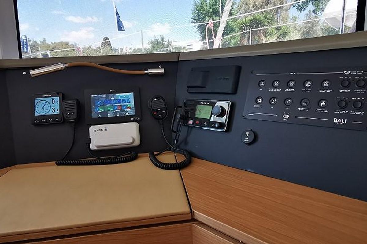 Cockpit of Kos 44.3, a Bali 4.4 catamaran at Athens, Greece