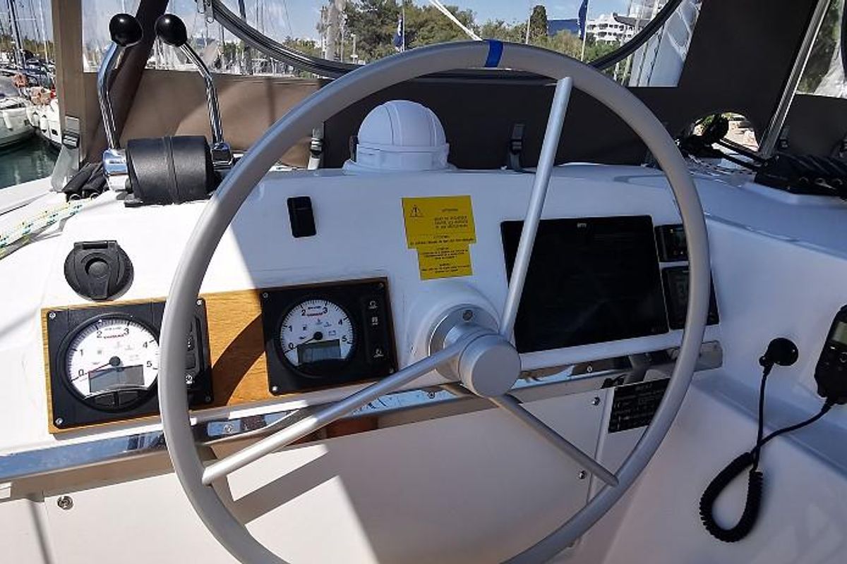Cockpit of Kos 44.3, a Bali 4.4 catamaran at Athens, Greece