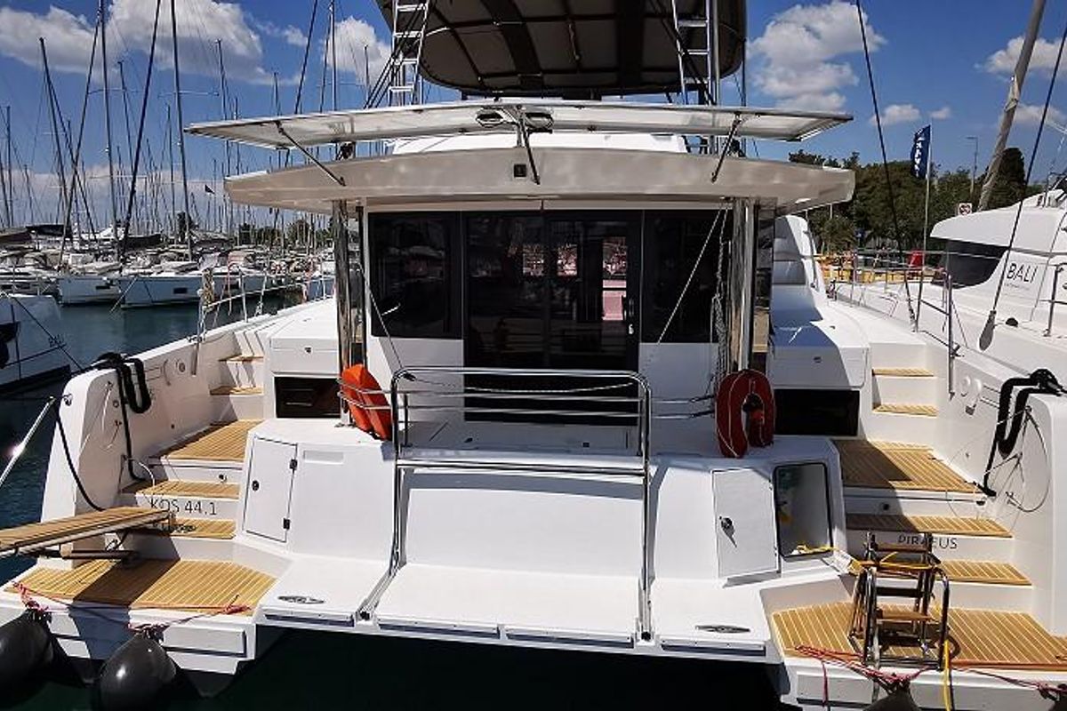 Exterior view of Kos 44.3, a Bali 4.4 catamaran at Athens, Greece