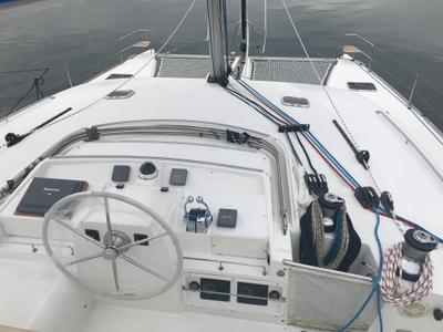 Cockpit of Isis, a Lagoon 440 catamaran at Olbia, Italy