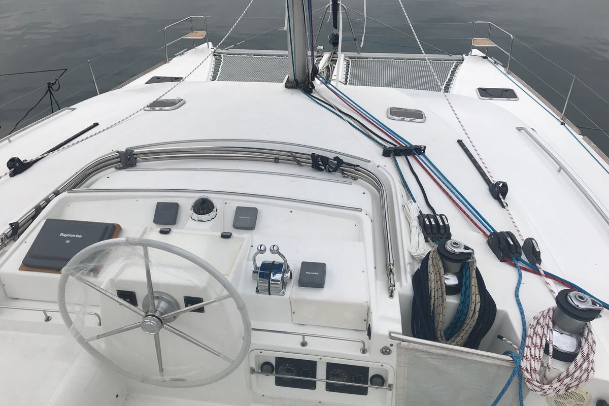 Cockpit of Isis, a Lagoon 440 catamaran at Olbia, Italy