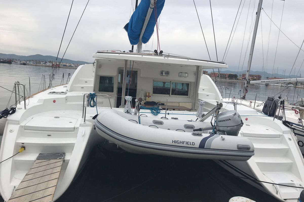 Exterior view of Isis, a Lagoon 440 catamaran at Olbia, Italy