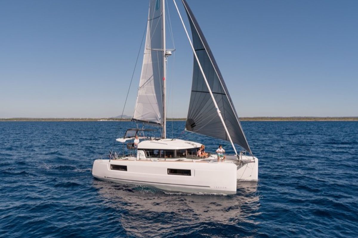 Exterior view of Gelso - Standard line, a Lagoon 40 catamaran at Olbia, Italy