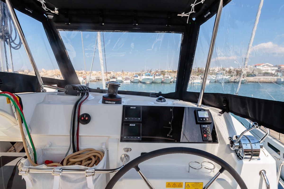 Cockpit of Gelso - Standard line, a Lagoon 40 catamaran at Olbia, Italy