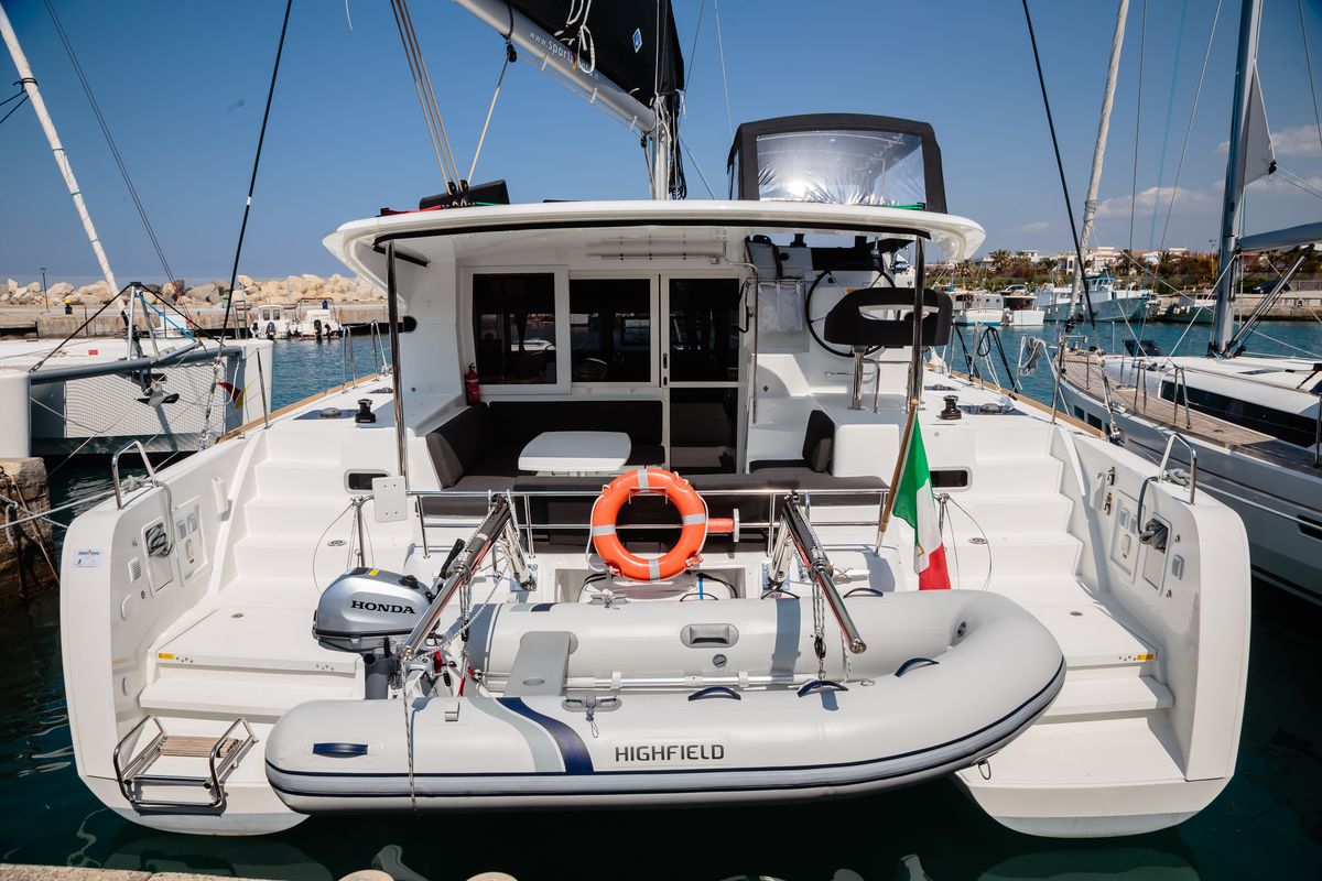 Deck of Gelso - Standard line, a Lagoon 40 catamaran at Olbia, Italy