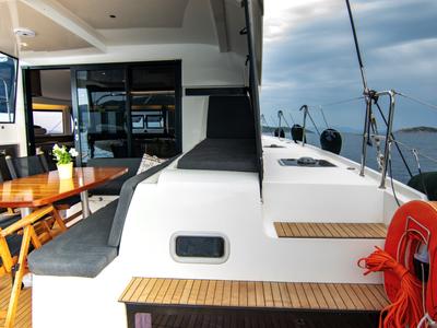 Deck of ZAKI, a Lagoon 42 catamaran at Skiathos, Greece