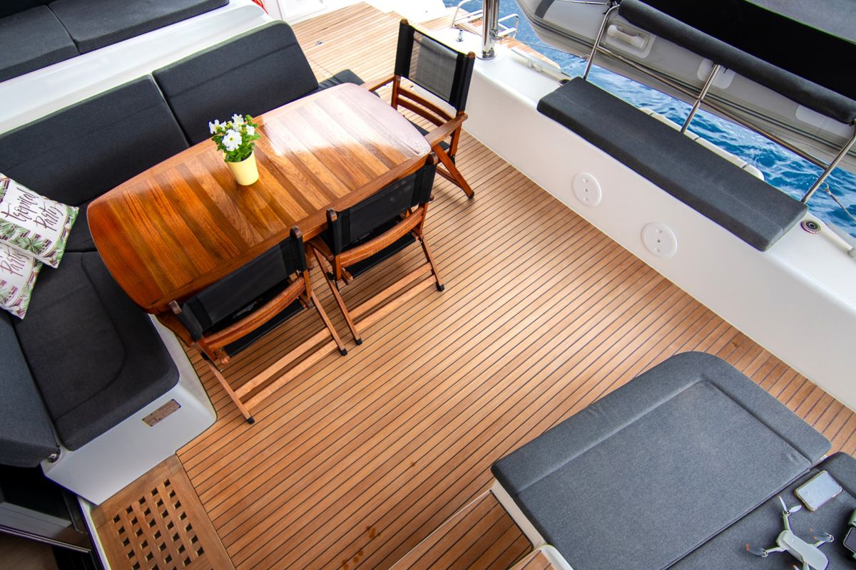 Deck of ZAKI, a Lagoon 42 catamaran at Skiathos, Greece