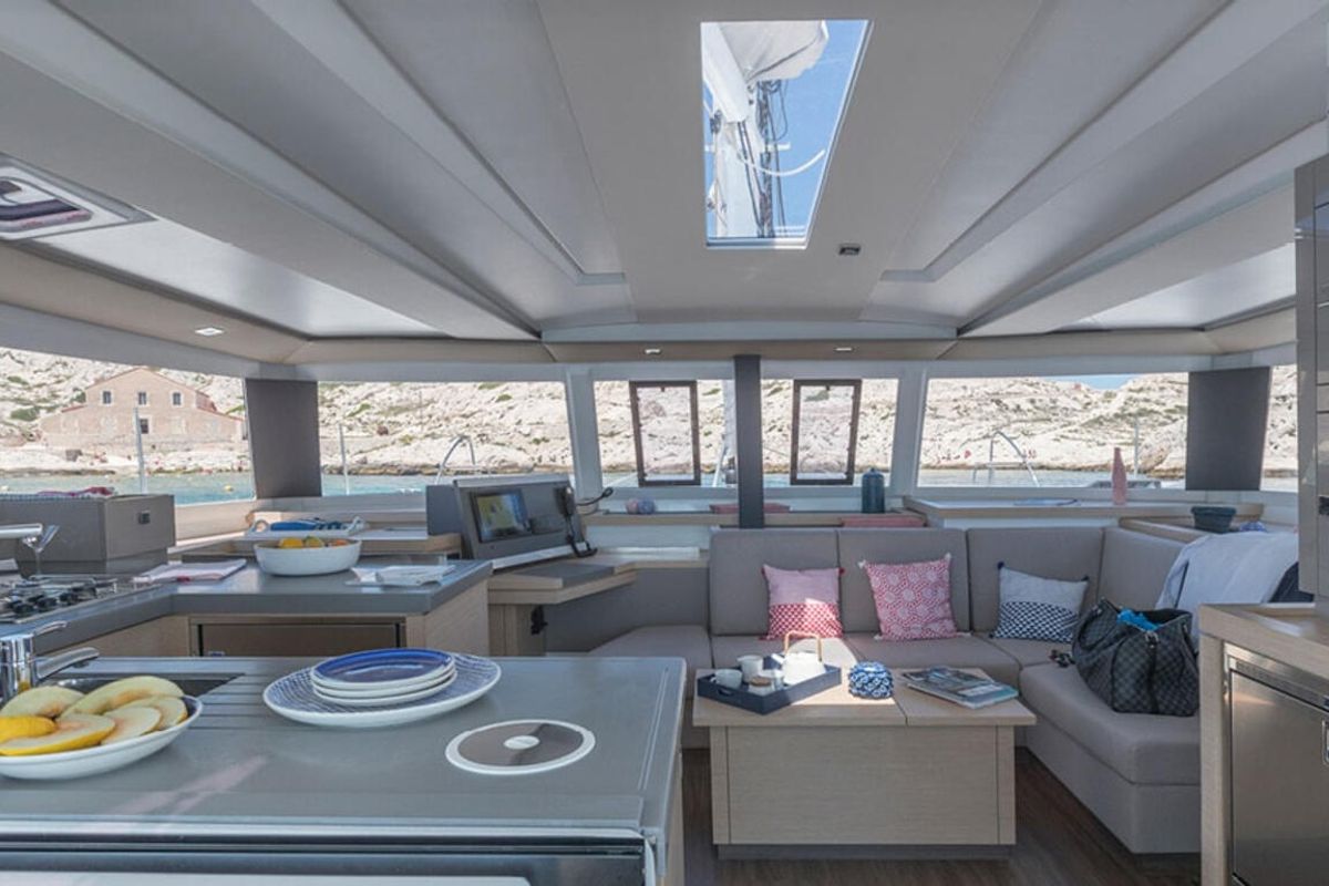 Salon of All the Perks, a Fountaine Pajot Astrea 42 catamaran at Road Town, British Virgin Islands