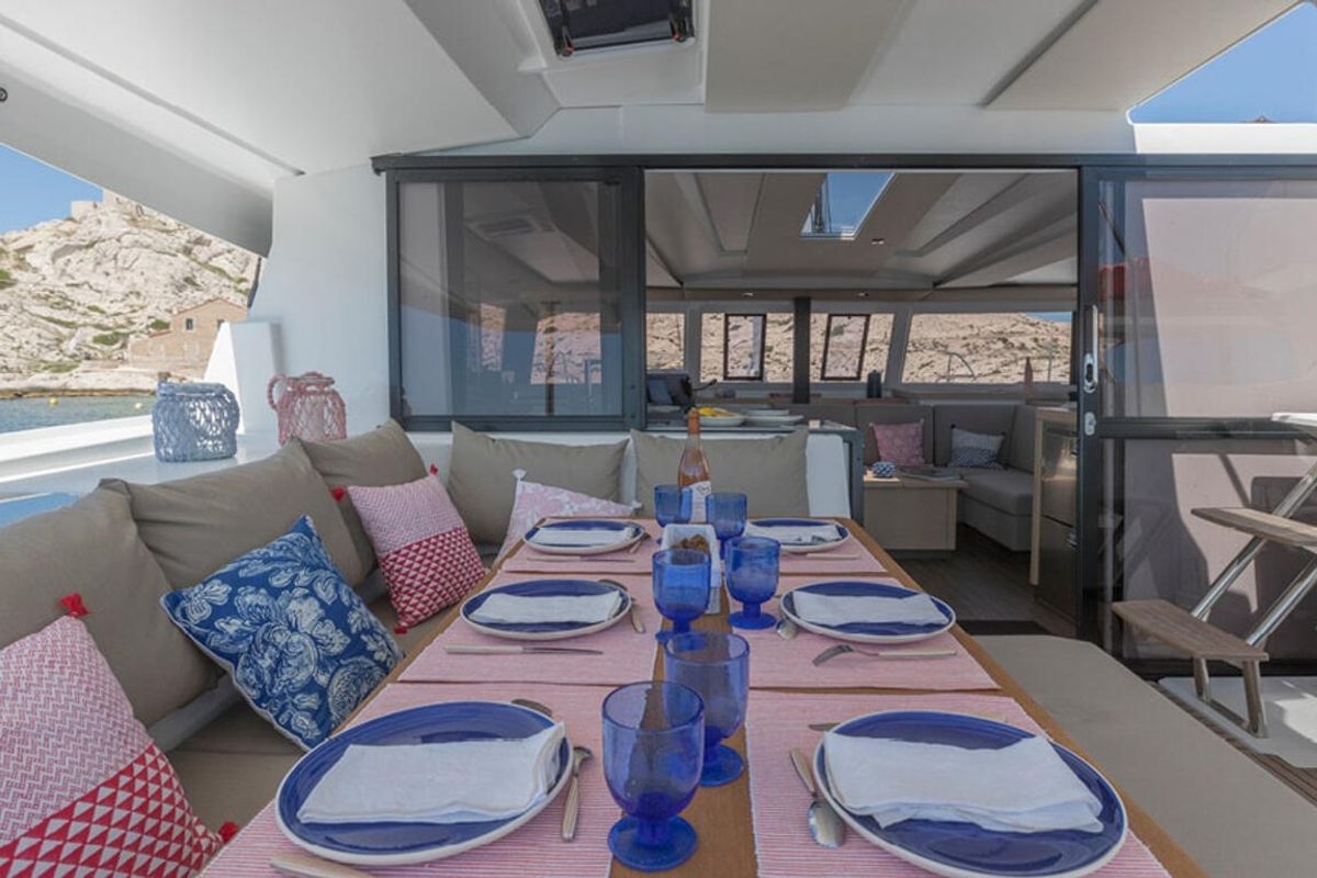 Deck of All the Perks, a Fountaine Pajot Astrea 42 catamaran at Road Town, British Virgin Islands