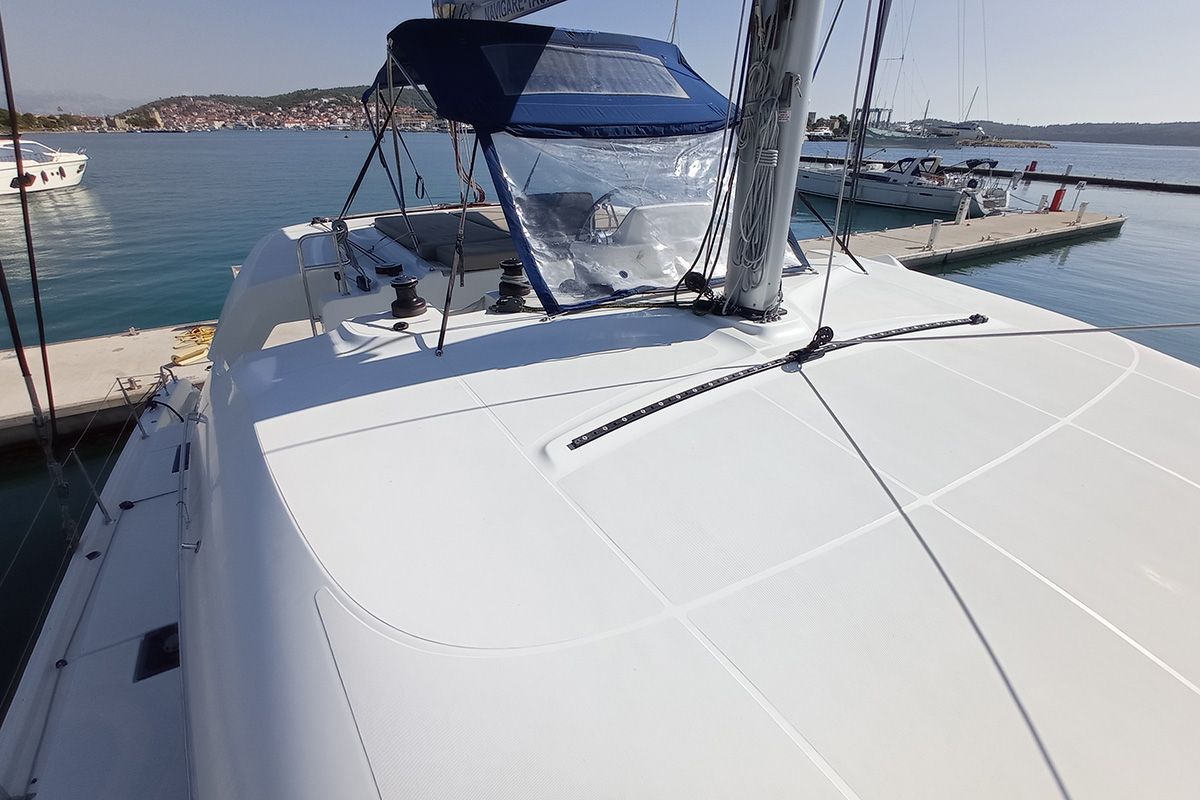 Deck of Ragnarök, a Lagoon 50 catamaran at Seget Donji, Croatia