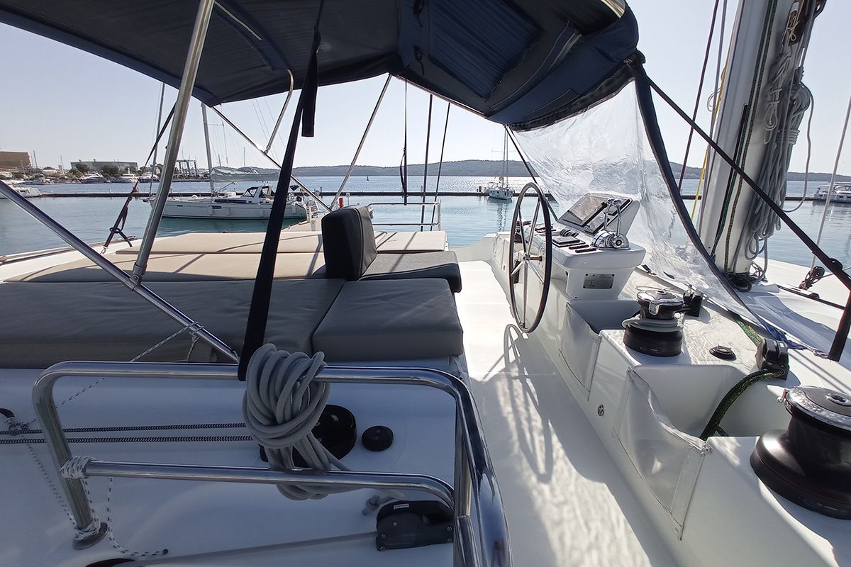 Cockpit of Ragnarök, a Lagoon 50 catamaran at Seget Donji, Croatia
