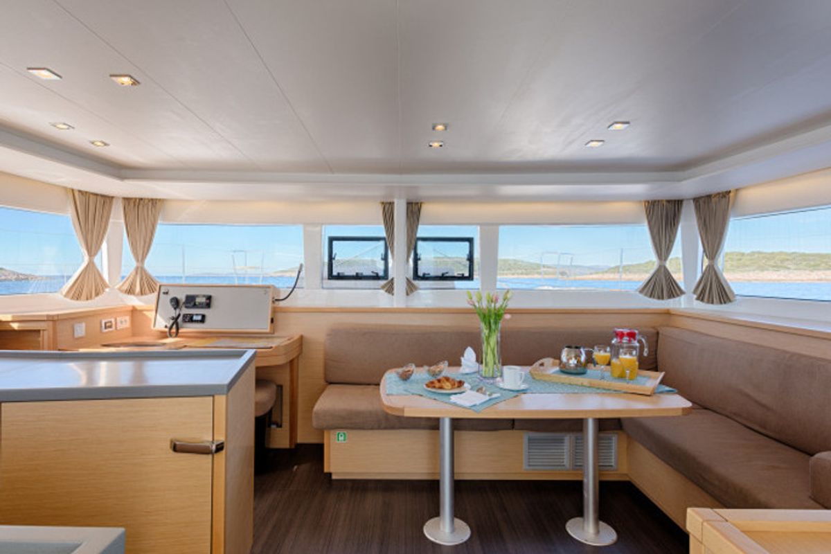 Salon of METRA , a Lagoon 450 Fly catamaran at Grad Trogir, Croatia