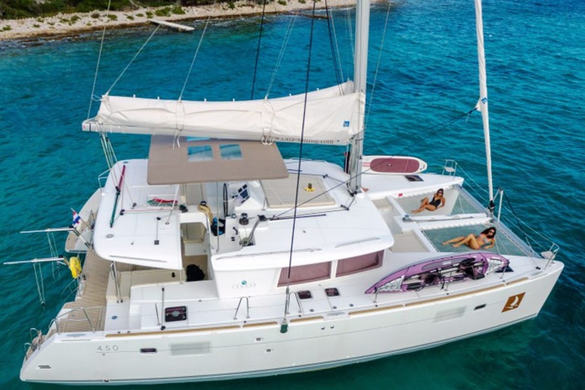 Exterior view of METRA , a Lagoon 450 Fly catamaran at Grad Trogir, Croatia