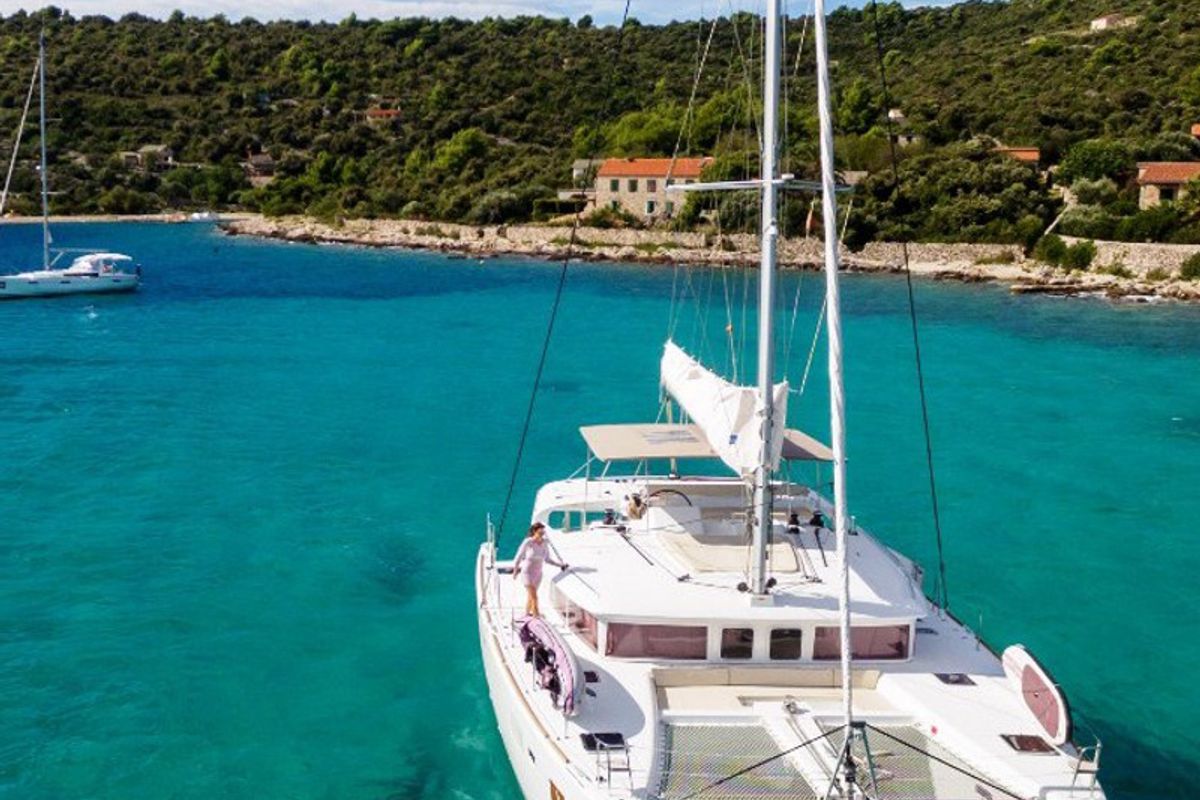 Exterior view of METRA , a Lagoon 450 Fly catamaran at Grad Trogir, Croatia