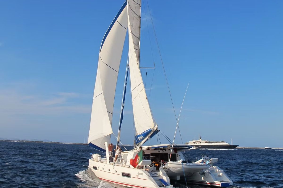 Exterior view of Seabar, a Catana 50 catamaran at Lisbon, Portugal