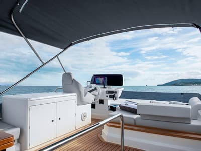 Cockpit of DDM29, a Ferretti Yachts 500 yacht at Općina Sukošan, Croatia