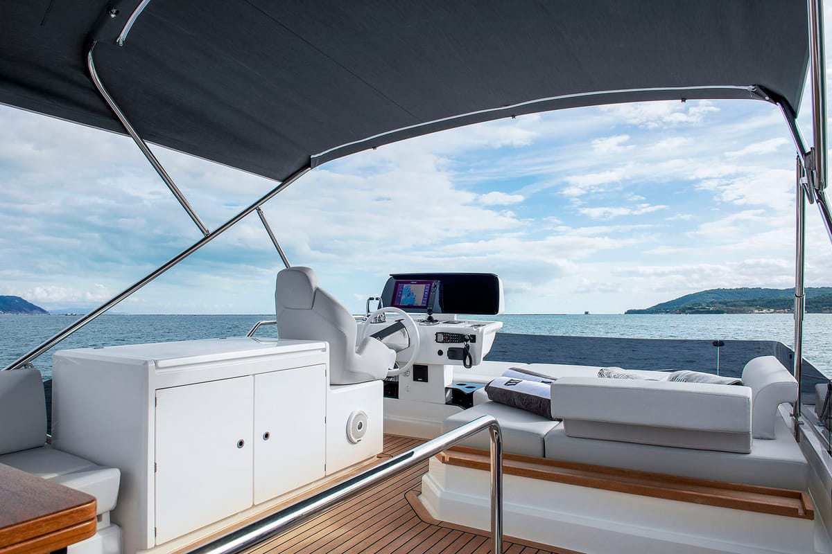 Cockpit of DDM29, a Ferretti Yachts 500 yacht at Općina Sukošan, Croatia