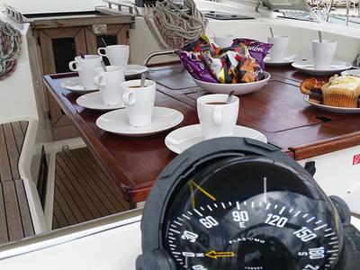 Cockpit of Leonis, a Bavaria Cruiser 50 sailboat at Llucmajor, Spain