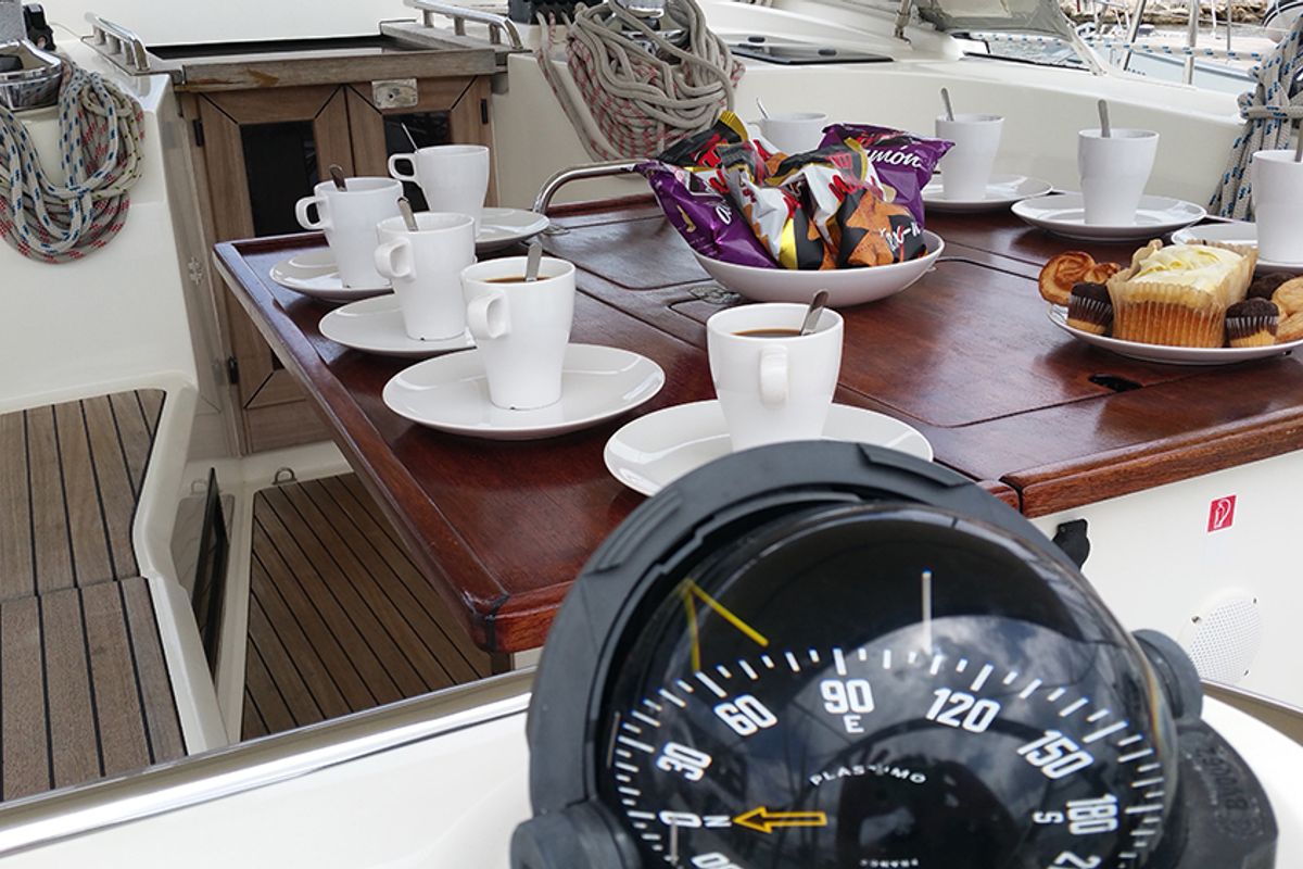 Cockpit of Leonis, a Bavaria Cruiser 50 sailboat at Llucmajor, Spain
