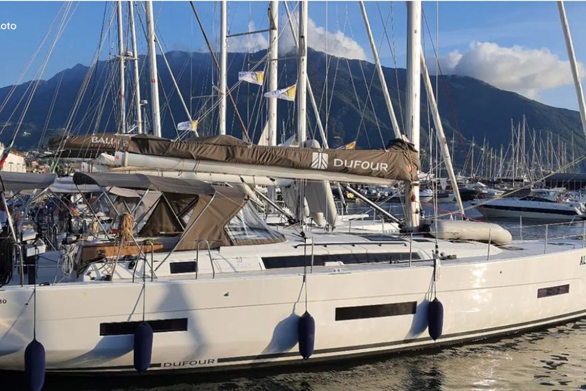 Exterior view of Cassiopea, a Dufour 530 sailboat at Castellammare di Stabia, Italy