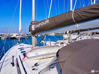 Deck of Cassiopea, a Dufour 530 sailboat at Castellammare di Stabia, Italy
