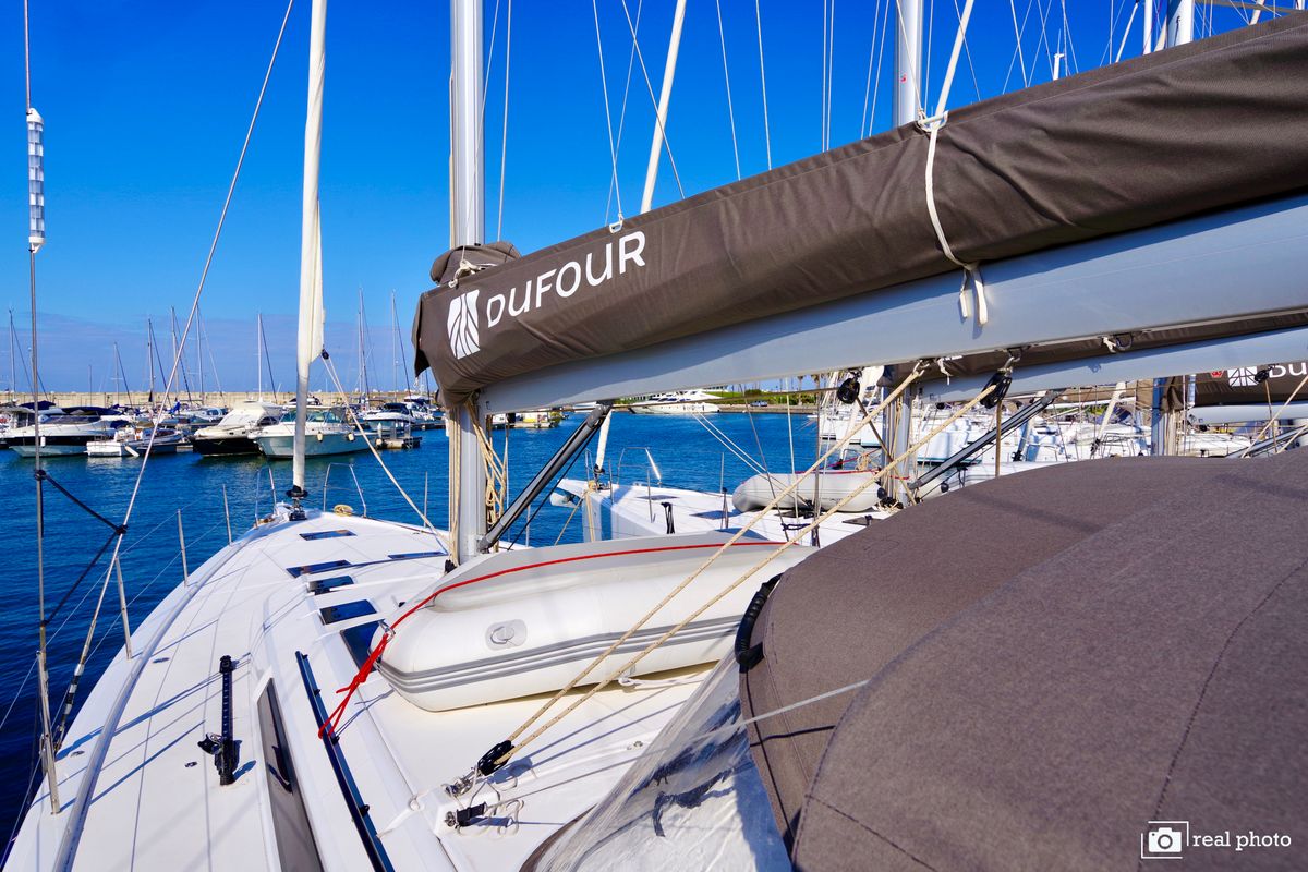 Deck of Cassiopea, a Dufour 530 sailboat at Castellammare di Stabia, Italy