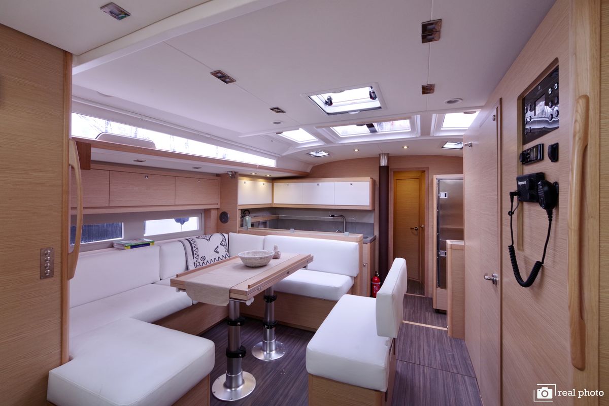 Salon of Cassiopea, a Dufour 530 sailboat at Castellammare di Stabia, Italy
