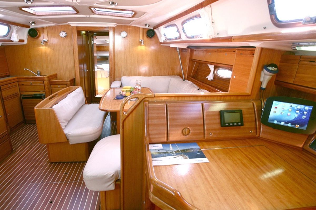 Salon of Ocean Caresser, a Bavaria 46 Cruiser sailboat at Msida, Malta