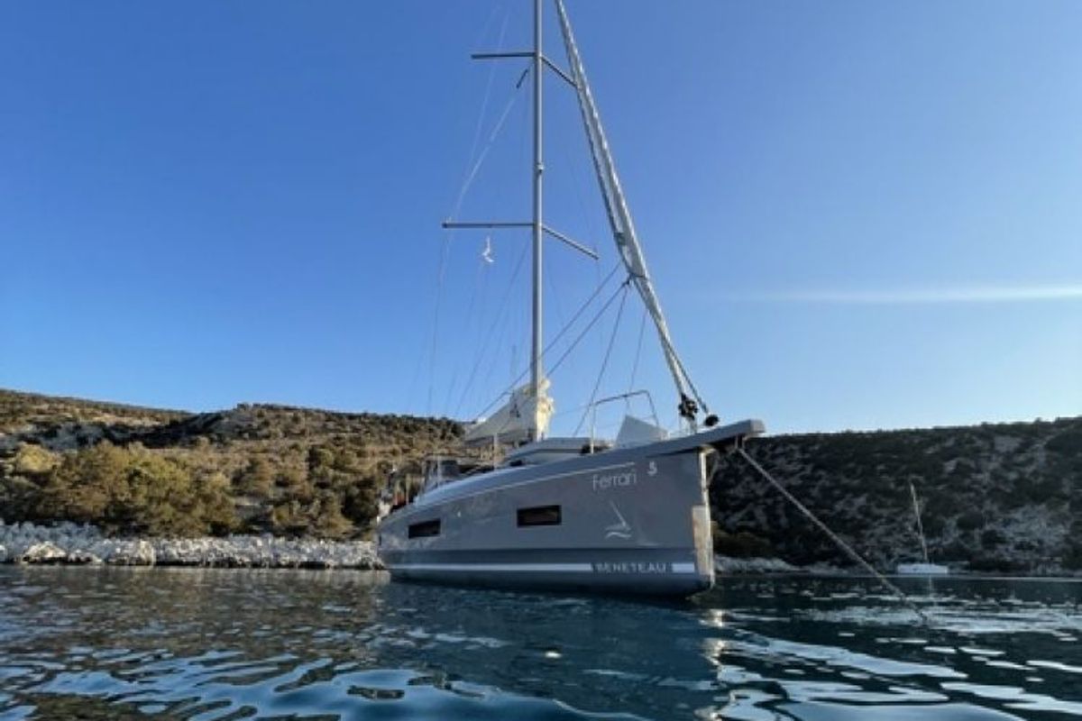 Exterior view of Ferrari, a Beneteau Oceanis 40.1 sailboat at Lavreotiki Municipal Unit, Greece