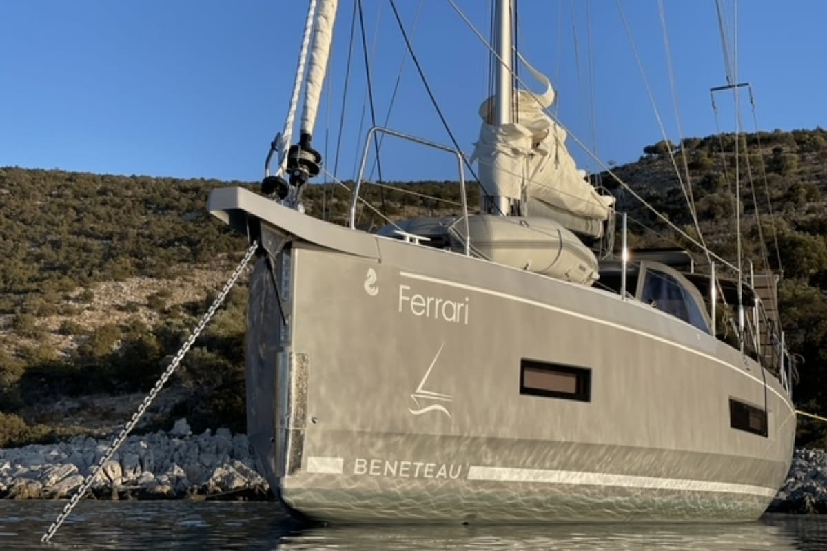 Exterior view of Ferrari, a Beneteau Oceanis 40.1 sailboat at Lavreotiki Municipal Unit, Greece
