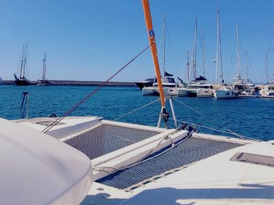 Deck of Stema, a Excess 11 catamaran at Athens, Greece